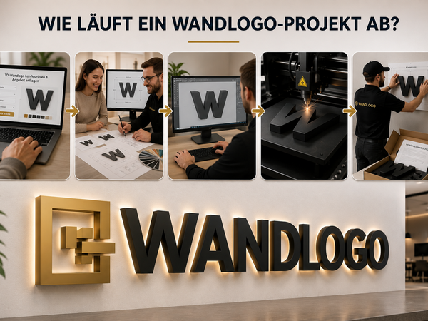 Ein individuelles 3D-Wandlogo entsteht bei Wandlogo.EU in mehreren aufeinander abgestimmten Schritten. Von der ersten Anfrage über Entwurf und technische Konstruktion bis zur Fertigung, Qualitätskontrolle und montagebereiten Lieferung wird jedes Projekt i