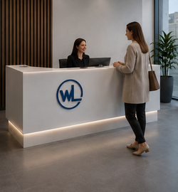 3D-Wandlogo an einer modernen Empfangstheke im Unternehmensbereich