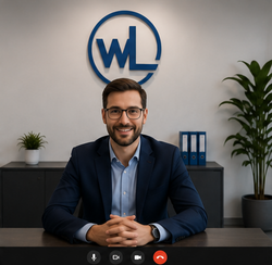 3D-Wandlogo als Hintergrund für eine Videokonferenz hinter einem Sprecher im Büro
