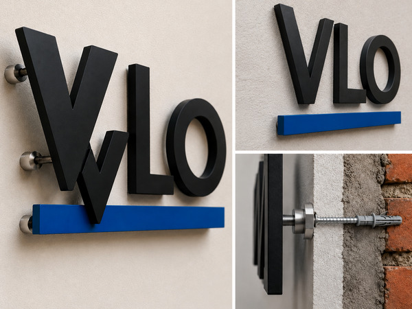 Montage eines 3D-Wandlogos mit Abstandshaltern, Schrauben und Dübeln auf unterschiedlichen Wanduntergründen
