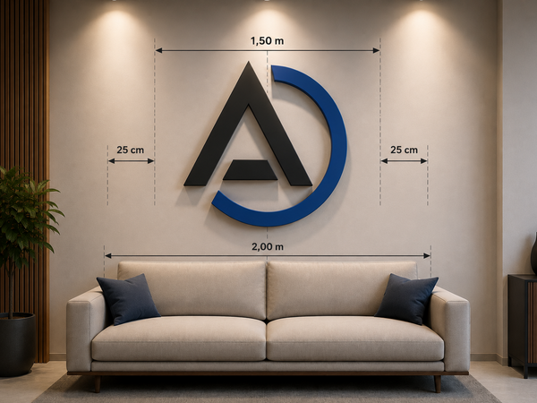 Beispiel zur richtigen Größe eines 3D-Wandlogos über einem zwei Meter breiten Sofa