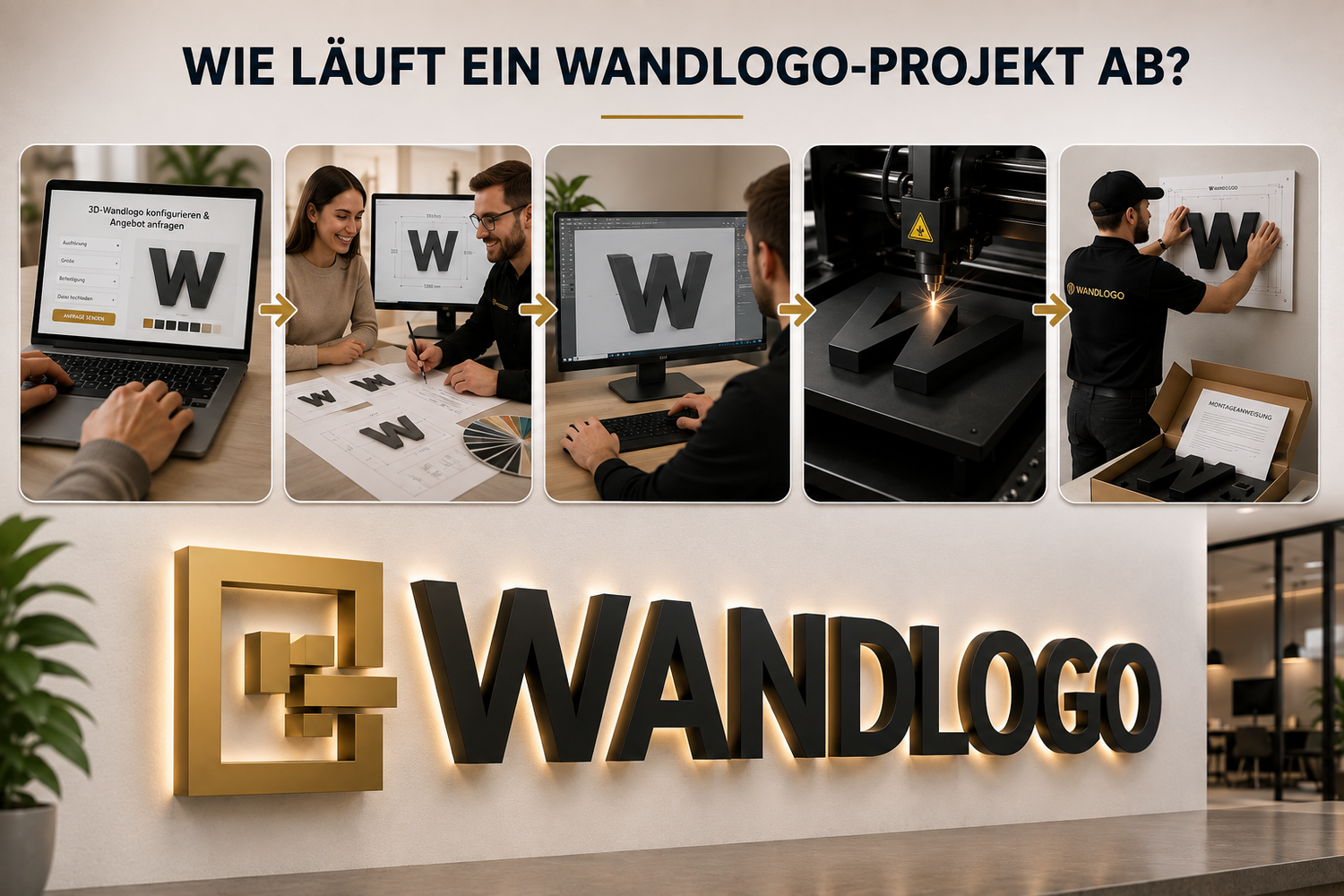 Projektablauf eines 3D-Wandlogos von der Anfrage über Beratung, Konstruktion und Fertigung bis zur Montage