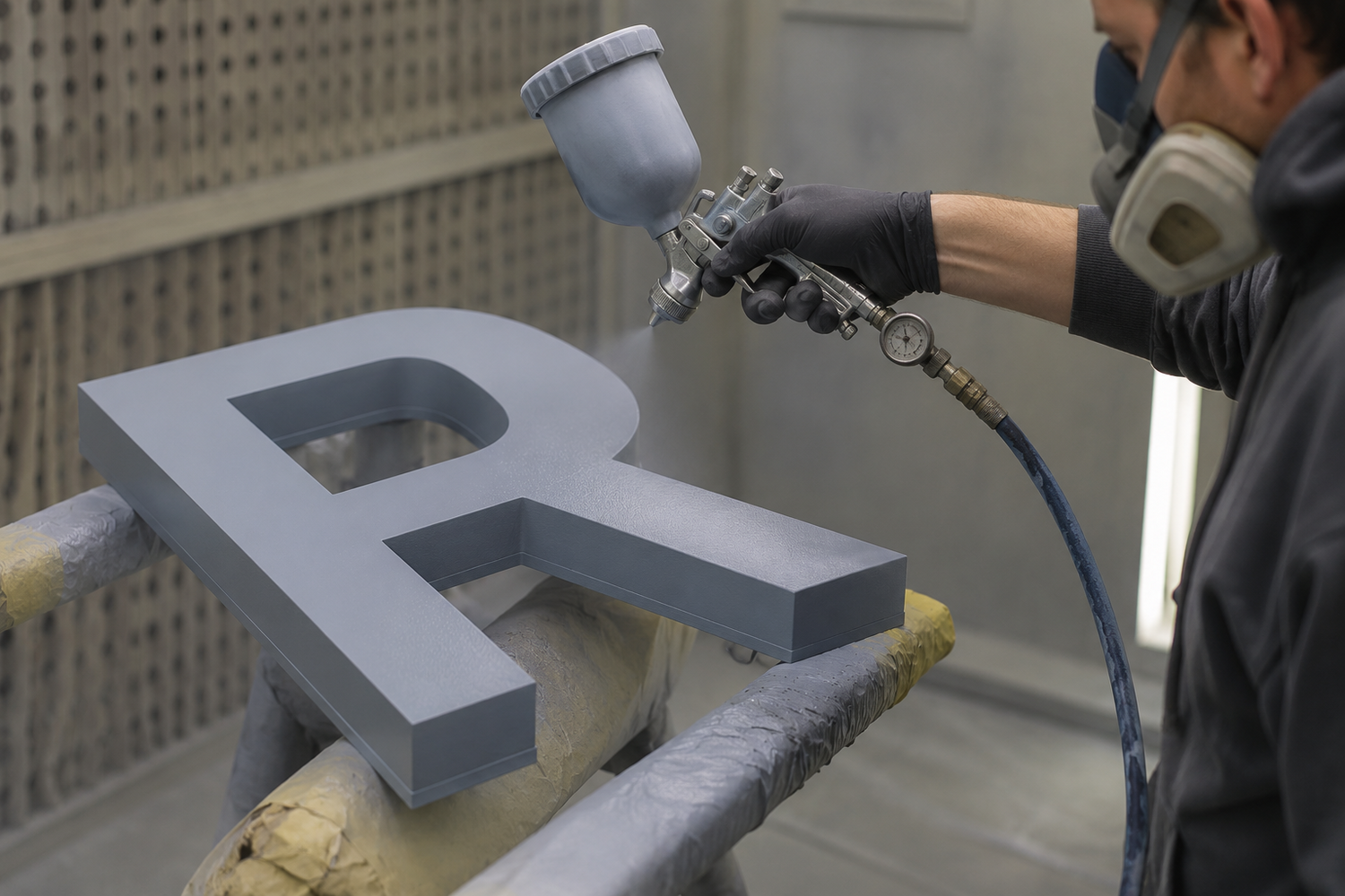 Lackierer beschichtet einen 3D-Buchstaben mit Innenkontur per Lackierpistole.