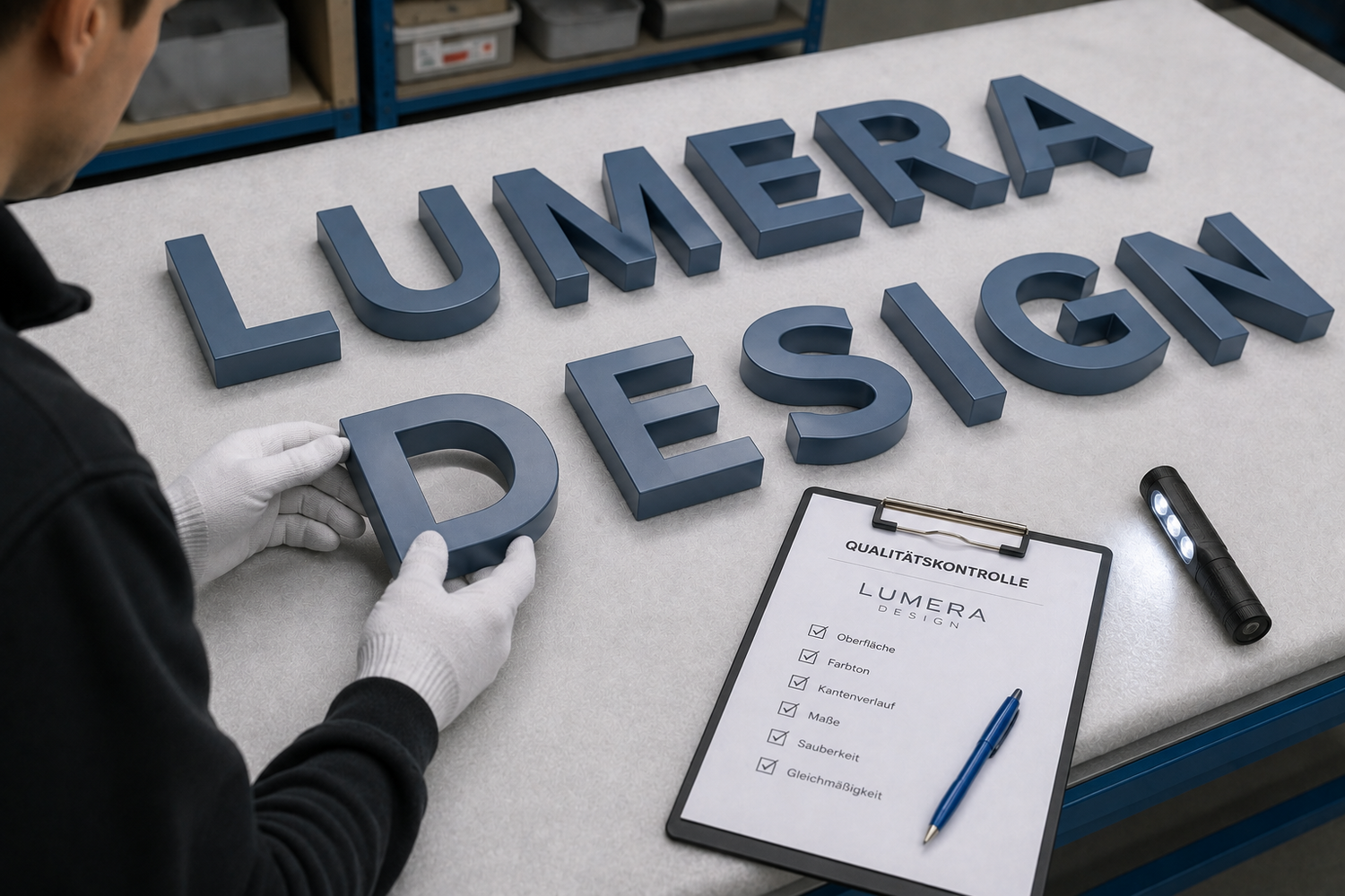 Qualitätskontrolle lackierter 3D-Buchstaben von „Lumera Design“ auf einer Arbeitsfläche mit Prüfung von Farbe, Oberfläche und Gleichmäßigkeit.