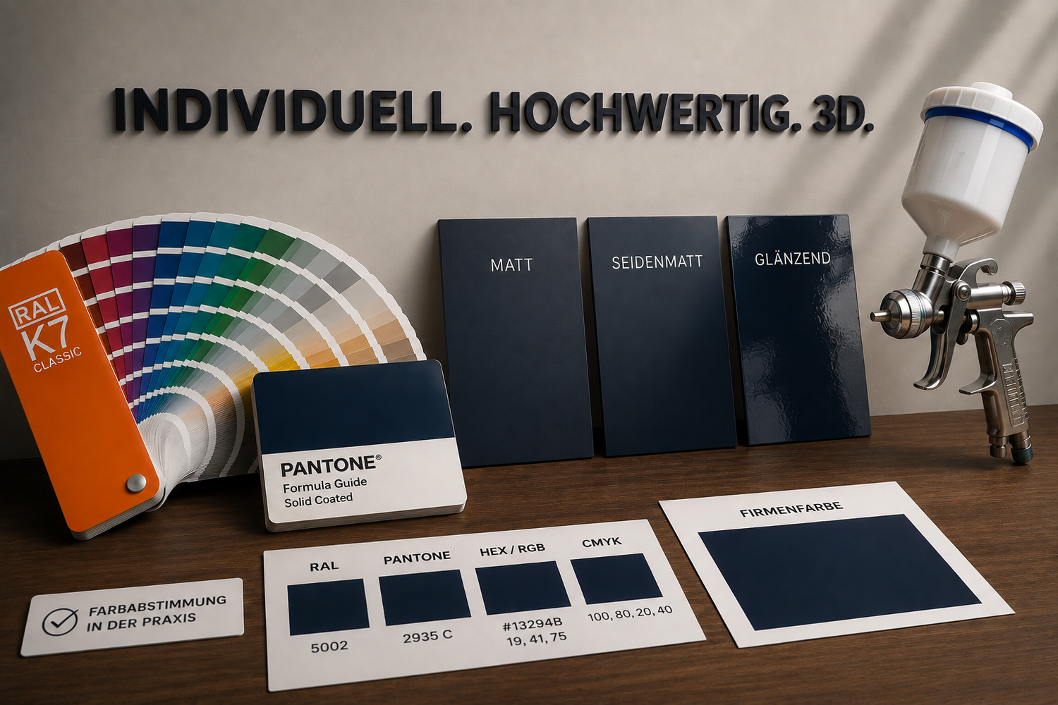 RAL- und Pantone-Farbabstimmung sowie matte und glänzende Lackoberflächen für 3D-Wandlogos