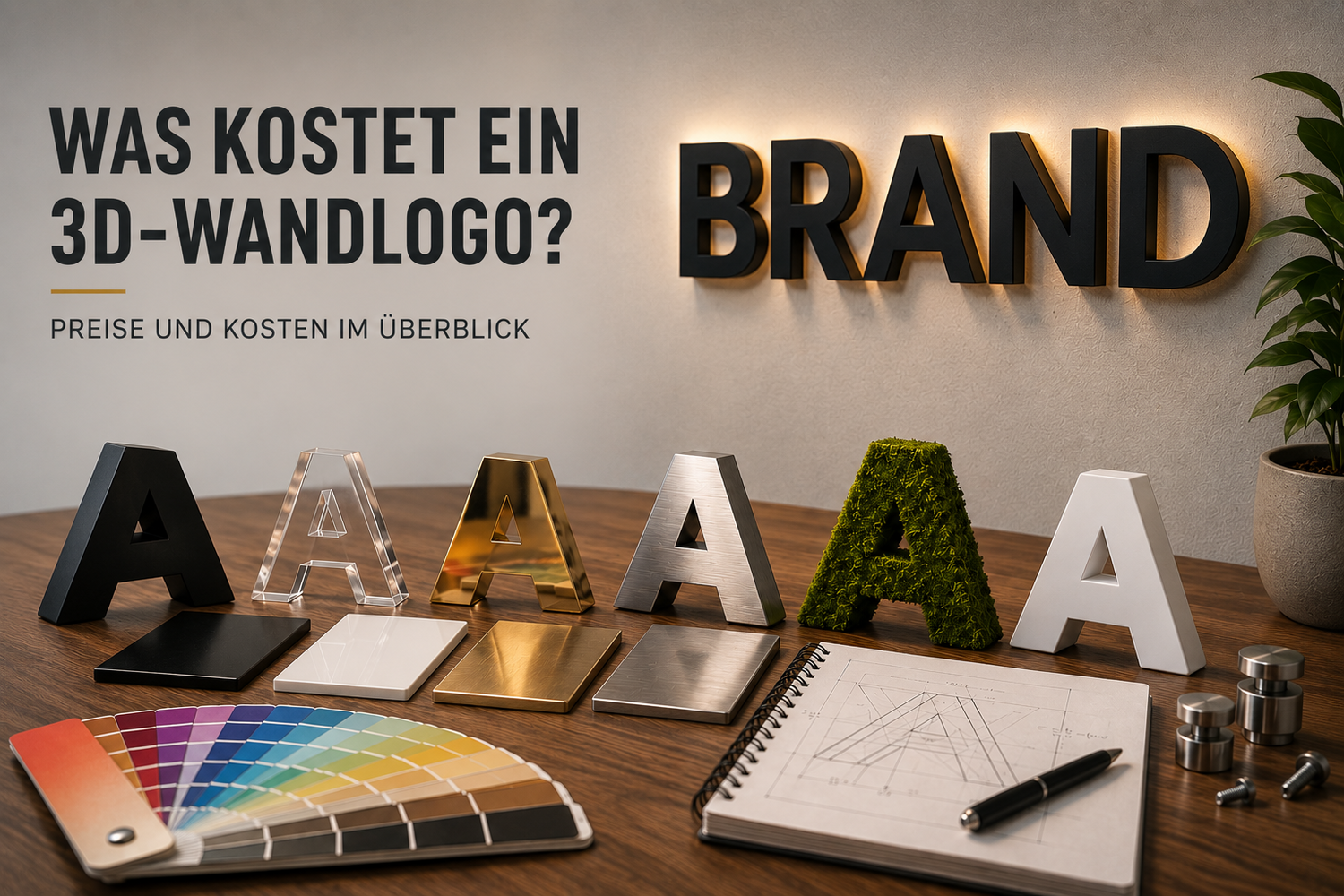 3D-Wandlogo Kosten im Vergleich mit verschiedenen Materialien, Oberflächen und Befestigungsarten