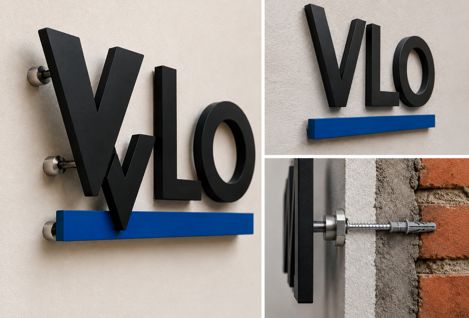 Montage eines 3D-Wandlogos mit Abstandshaltern, Schrauben und Dübeln auf unterschiedlichen Wanduntergründen