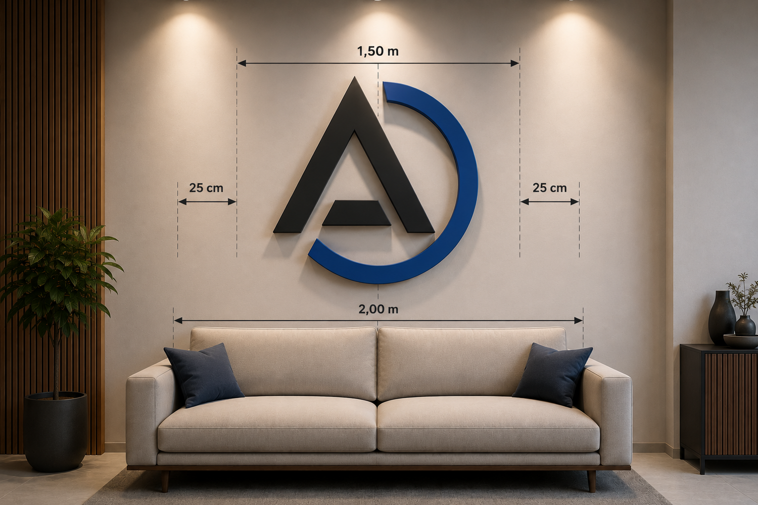 Beispiel zur richtigen Größe eines 3D-Wandlogos über einem zwei Meter breiten Sofa